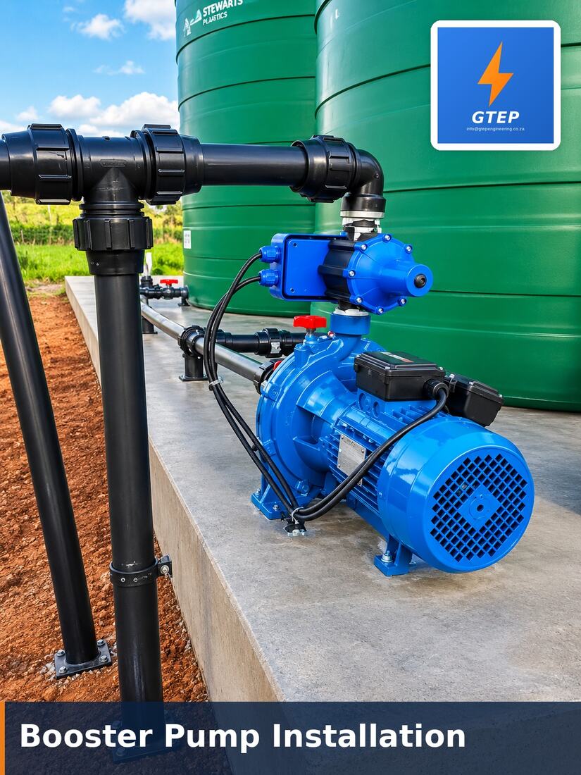 Blue booster pump installed on a concrete plinth beside the storage tanks and piped into the suction and delivery manifold
