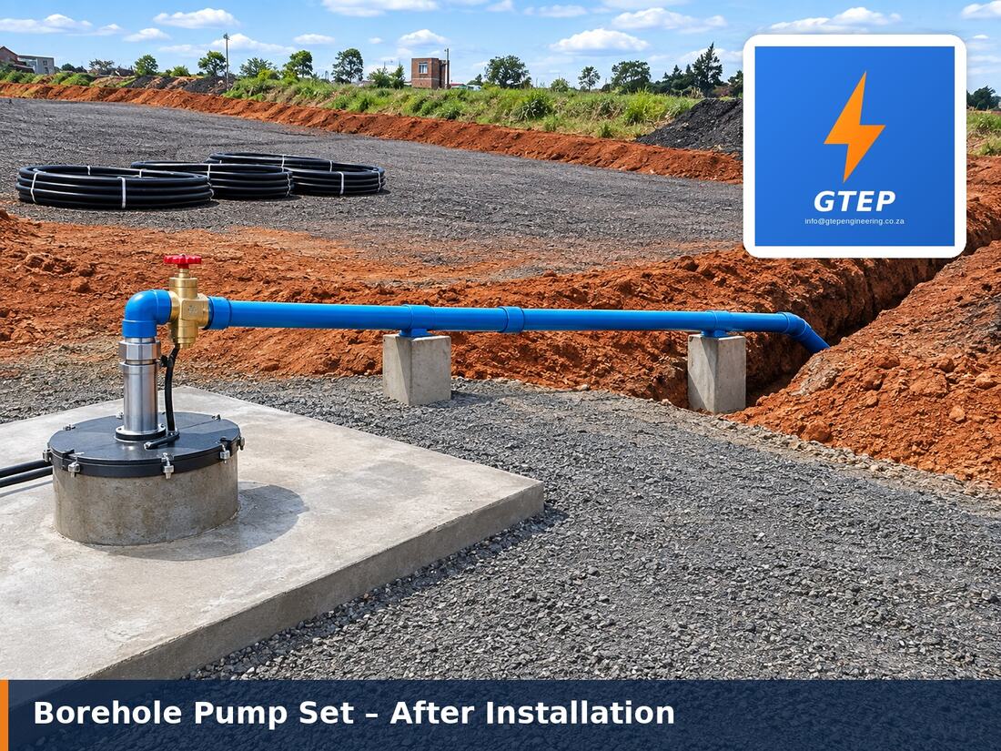 Completed borehole head on a cast concrete plinth with rising main, isolating valve and pipework on concrete supports