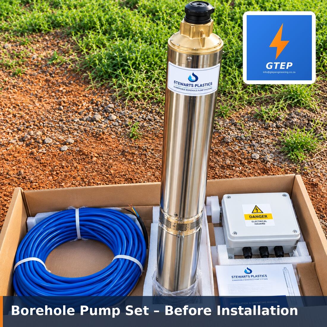 Stainless steel submersible borehole pump, drop cable and control box unpacked and checked before installation