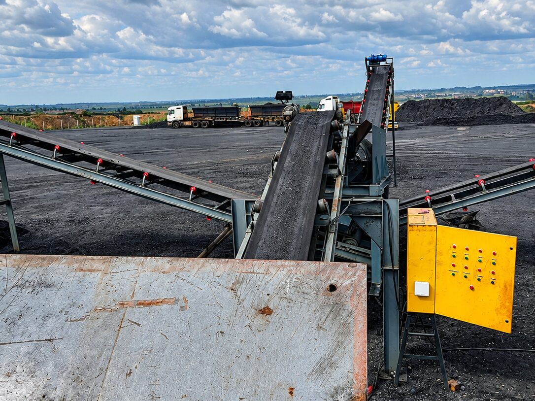 Coal screening plant assembled by GTEP Engineering, with feed and stacking conveyors and a yellow field control panel