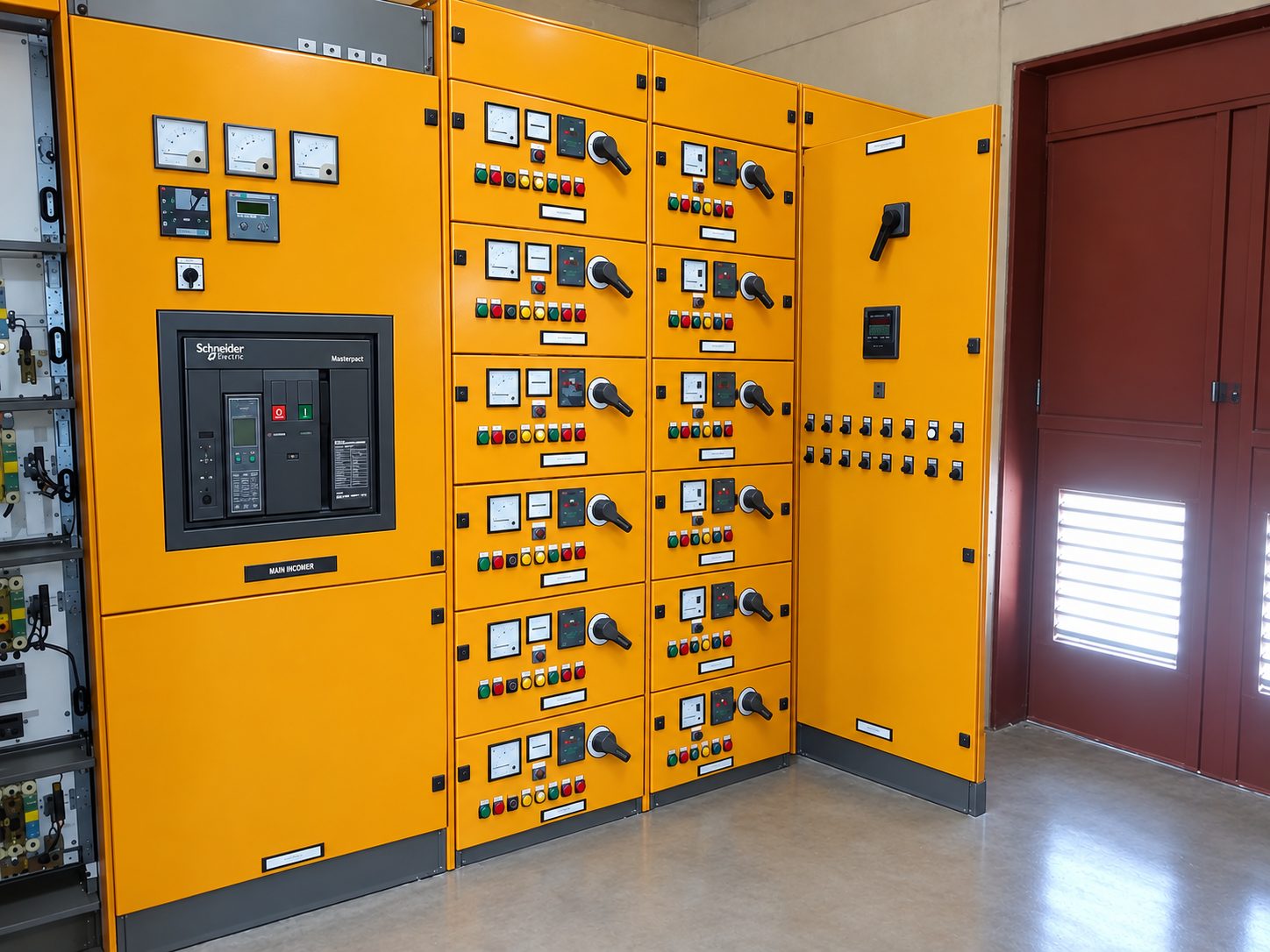 Fully refurbished motor control centre by GTEP Engineering, with yellow panel fronts, Schneider Electric Masterpact main incomer, metering, selector switches and start/stop indication across each motor starter section