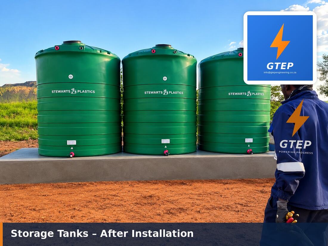 Three green bulk water storage tanks installed on a cast concrete base with isolating valves and outlets, commissioned by GTEP Engineering