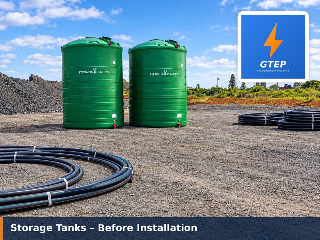 Green bulk water storage tanks and coiled HDPE pipe delivered to site before installation by GTEP Engineering