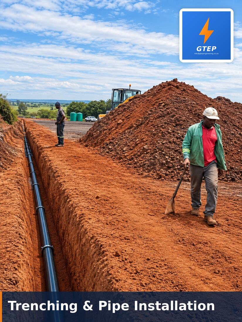 Excavated trench with HDPE water pipe laid and bedded, GTEP Engineering team working alongside an excavator